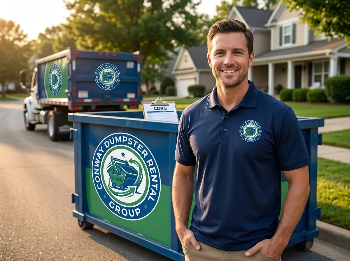 Conway Dumpster Rental Group team member beside a roll-off dumpster in Conway, AR