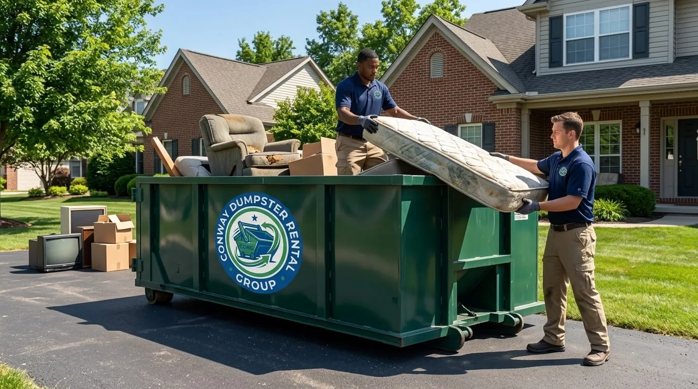 Junk removal in Conway, AR Workers loading furniture and junk into a dumpster in Conway, AR