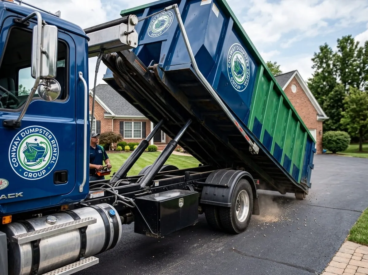 Heavy demolition dumpster being loaded onto a truck in Conway, AR